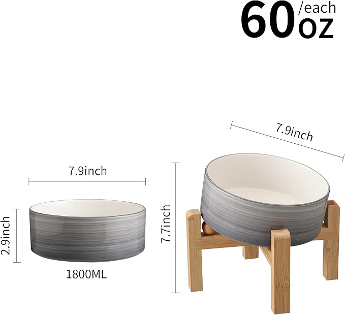 Elevated/Raised 15°Tilted Anti Slip Ceramic Dog Bowl for Medium & Large Breeds,Slanted Bulldog Big Face Pet Feeding Food Water Dish Stand for Dogs (7.6 Cups/60OZ) Grey White