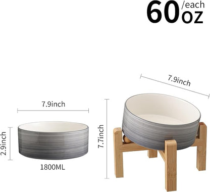 Elevated/Raised 15°Tilted Anti Slip Ceramic Dog Bowl for Medium & Large Breeds,Slanted Bulldog Big Face Pet Feeding Food Water Dish Stand for Dogs (7.6 Cups/60OZ) Grey White