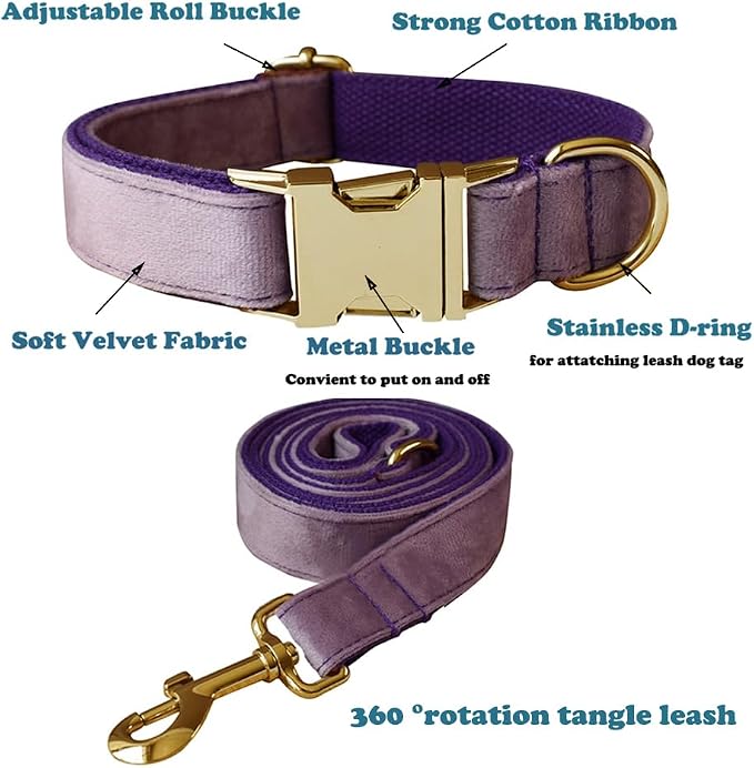 Love Dream Velvet Dog Collar and Leash Set, Soft & Comfy Adjustable Dog Leash and Collar with Heavy Duty Metal Buckle for Small Medium Large Dogs Training & Walking (XLarge, Purple)
