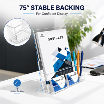 QREIHLPY Acrylic Brochure Holder 2 Pack, 8.5*11inch with Pen Holders & Business Card Slot, Clear Display Stand for Countertop, Suitable for Pamphle, Magazines, Menus, Trifold Booklets