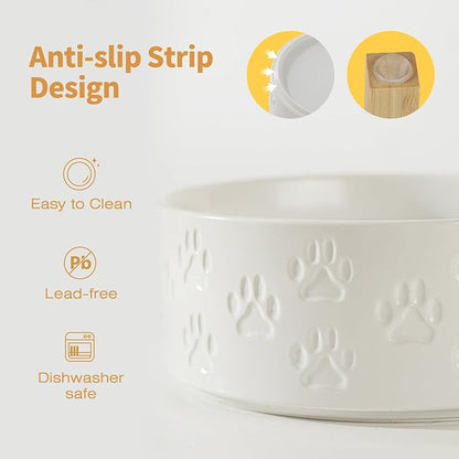Elevated Ceramic Dog Bowl Set, 6" Dog Bowls with Dual Fixed Heights Stand, 3.5 Cup Food and Water Bowls for Small Breed Dogs, Microwave Safe (Double Bowls + Stand - White, 6 inch)
