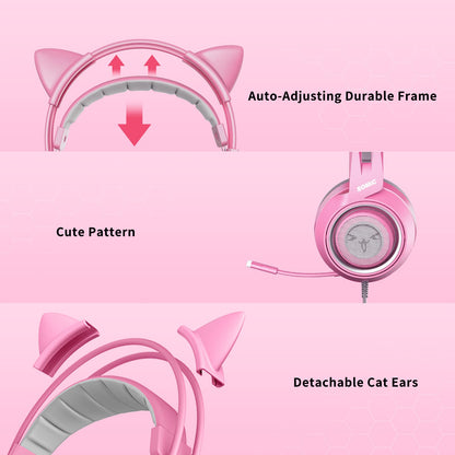 SOMIC G951s Pink Stereo Gaming Headset with Mic for PS4,Xbox,PC,Mobile Phone,3.5mm Noise Reduction Cat Ear Headphones Lightweight Over Ear Headphones for Woman