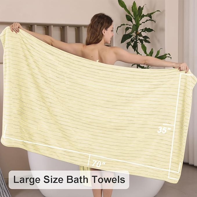 8 Pcs Light Yellow Cabana Stripe Bath Towel Set Oversize Bath Sheet-2 Bathroom