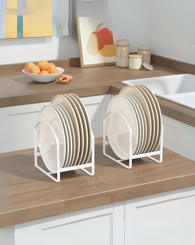 2 Pack Kitchen Plate Holder Organizer for Cabinet Space Saver Dinner Dish Storage Rack Upright Dish Drying Racks Metal Plate Dish Racks Stand for Cupboard and Countertop Rustproof Large White