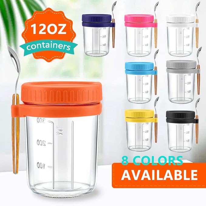 Overnight Oats Containers with lids and spoon Set of 2 Jars 12oz Airtight Container with Measurement Marks, Reusable On The Go Cups for Cereal Yogurt, Milk, Salads, Fruit(White)