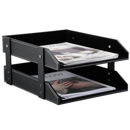 KINGFOM Letter Tray, Leather Paper Organizer Tray, Wooden Desk File Holder, Desktop File, Stackable Magazine Holder, Mail Sorter, Great for Home or Office - 2 Level Black