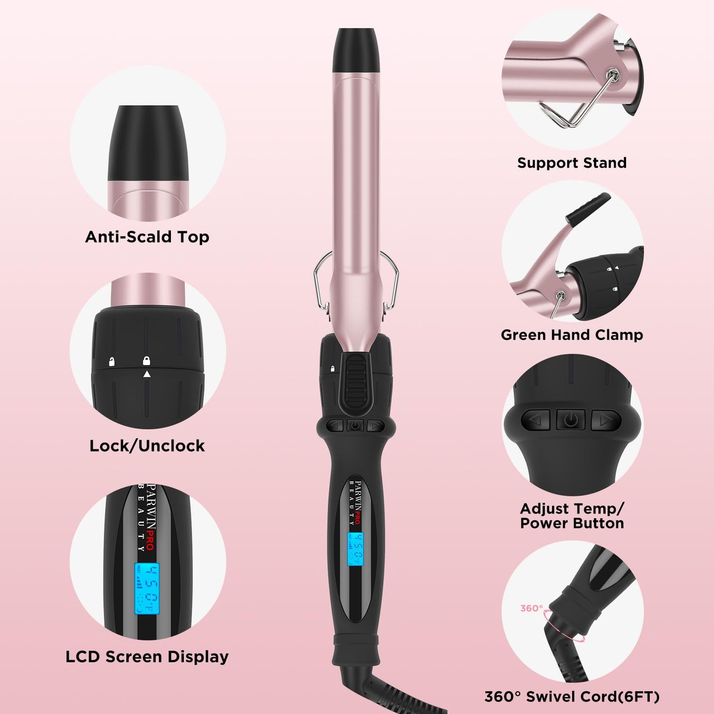 PARWIN PRO BEAUTY 7 in 1 Curling Iron Wand Set,Dual Voltage Curling Wand with 7 Interchangeable Diamond Ceramic Hair Curler Wands with LCD Temperature Control Auto Shut Off Black