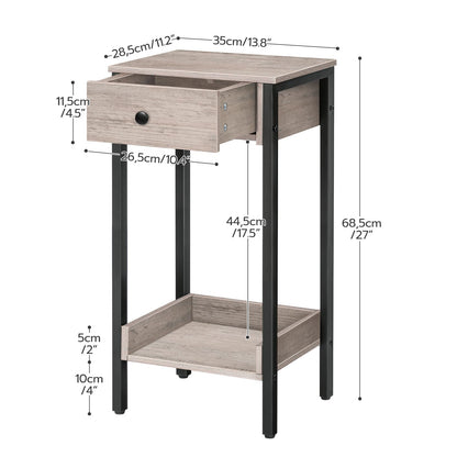 HOOBRO Tall End Table, Nightstand, Industrial Side Table with Drawer and Storage Shelf, for Study, Bedroom, Space Saving, Greige and Black BG71BZ01
