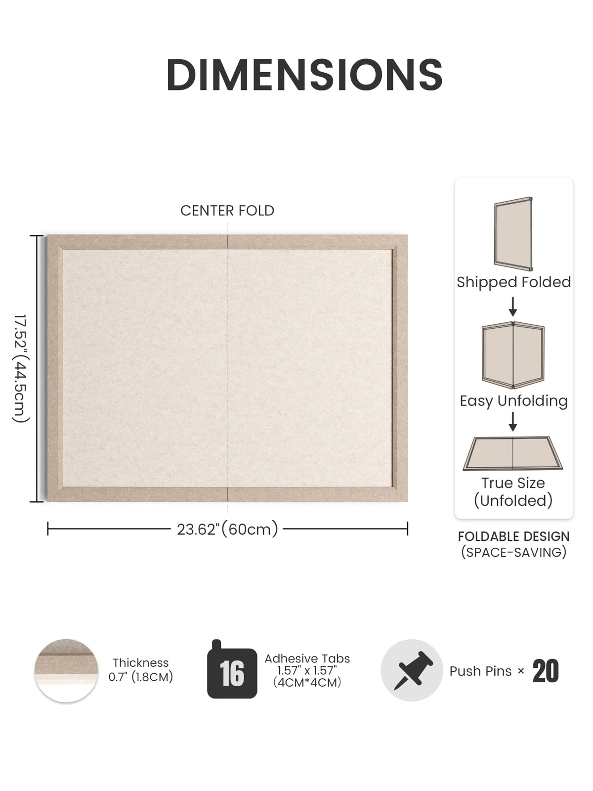 Fluxynara Foldable Cork Board Alternative, Felt Bulletin Board 23.6" x 17.5" Deep Camel Frame with 12 Adhesive Tabs, Pin Board for Home Office, Classroom, Entryway, Kitchen Wall Decor—Oatmeal