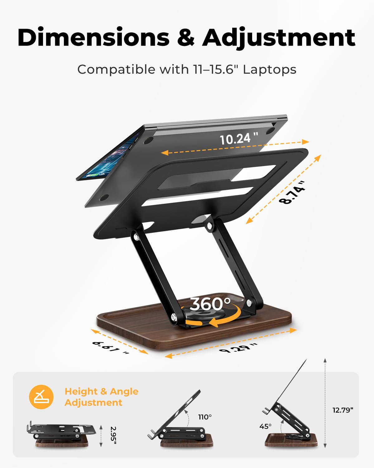 SupeDesk Adjustable Laptop Stand with 360° Rotating Base, Ergonomic Laptop Riser for Desk, Ventilated Notebook Stand with Storage Tray, Wood Base & Silicone Pads for Laptops, Tablets & Books