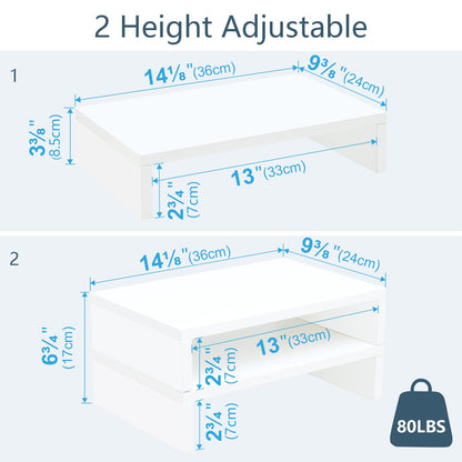 TEAMIX 2 Tier White Wooden Laptop Stand and 2 Pack White Monitor Stand Riser for Computer Desk Home Office Organization.