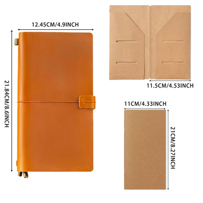 Ox Knight Refillable Leather Travelers Notebook, 8.6 x 4.9 Standard Size Travel Diary for Men and Women, Genuine Leather Travel Journal with 3 Notebook Inserts for Writing, Sketching & Planning, Light Brown