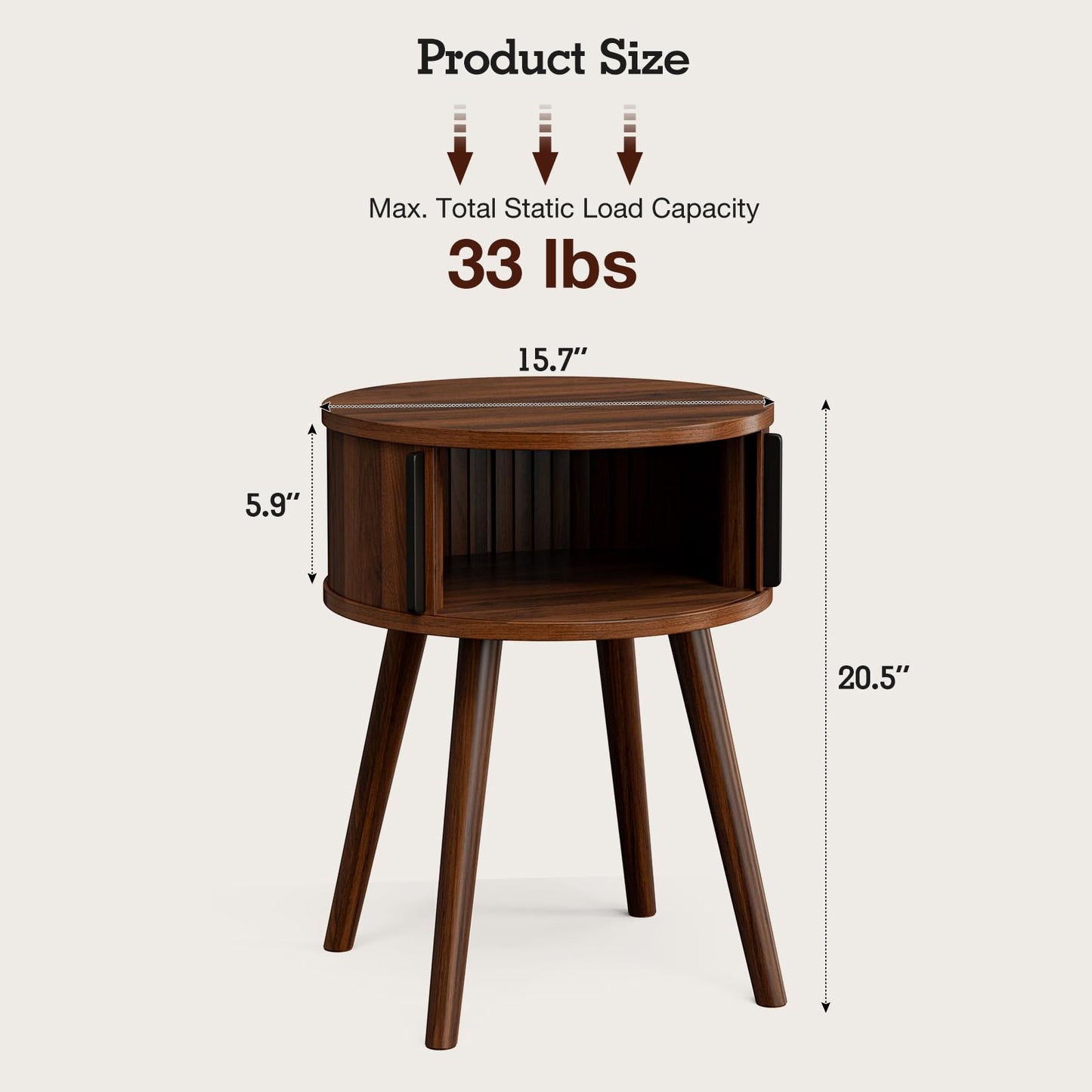 ZttRiee Round Side Table with Sliding Doors, Mid-Century End Table, Walnut