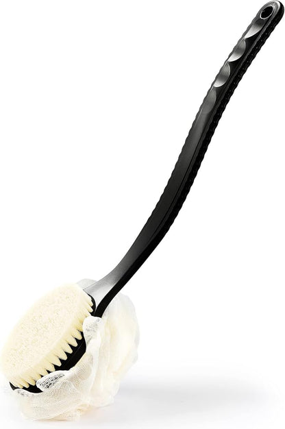 Shower Body Brush with Bristles and Loofah,Back Scrubber Bath Mesh Sponge with Curved Long Handle for Skin Exfoliating Bath, Massage Bristles Suitable for Wet or Dry, Men and Women (Black)