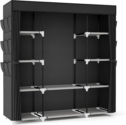 VTRIN Portable Closet Wardrobe for Hanging Clothes 57.3 Inch Large Capacity Clothes Rack with Cover, 10 Storage Organizer Shelves, 1 Hanging Rods and 6 Pockets, Free Standing Closet for Bedroom, Black