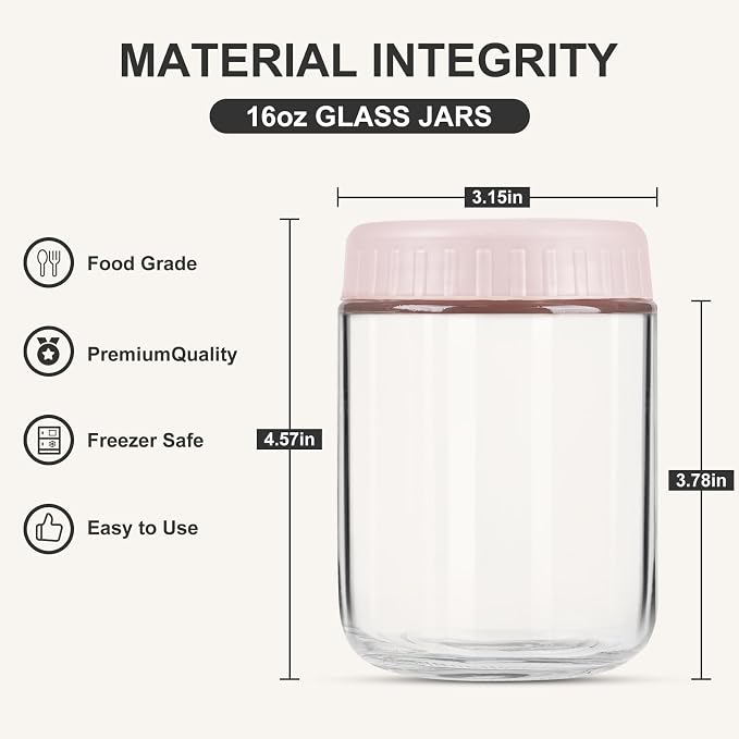 SHOWIN Overnight Oats Containers with Lids, 16oz Glass Jars with Lids 2 pcs, Pink, Wide Mouth Mason jars for Salad, Yogurt, Snacks, Meal Prep