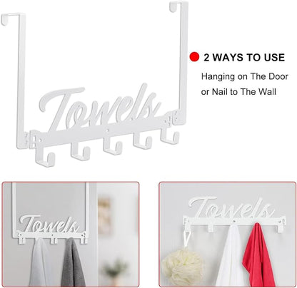Azmoncy 2 Pack Over The Door Hooks, Towel Rack for Bathroom Towel Holder for Hanging Heavy Duty, Over Door Hanger with 10 Coat Hooks for Bedroom Bathroom Kitchen Bag, Coats, Hats (White)