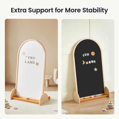 Tiny Land Kids Easel – Large 22"x40.5" Writing Area Double-Sided Magnetic Chalkboard & Whiteboard, Wooden Arch Drawing Board with Stand, Toddler Art Easel with Letters & Animal Magnets