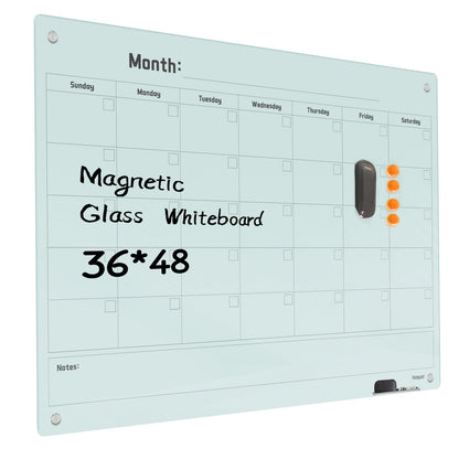 Magnetic Glass Dry Erase Board Calendar- White Board 48 x 36 Inch Wall Mounted Monthly Whiteboard, Large Frameless Glass White Board for Wall Office, Home & School
