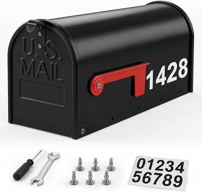Mailbox for Outside,Metal Post Mount Outdoor MailBoxes - with Tools,Screws,Number Stickers,Red Flag Indicated,Medium Capacity,Galvanized Steel,Waterproof Mail Box for House Outside,20 x 8.7 x 6.7 ”