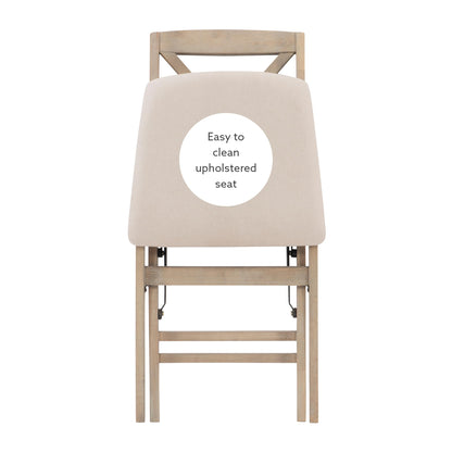 Keira Grey Wash Wooden Folding Chair with Beige Upholstered Seat and Classic Wooden X Back by Linon