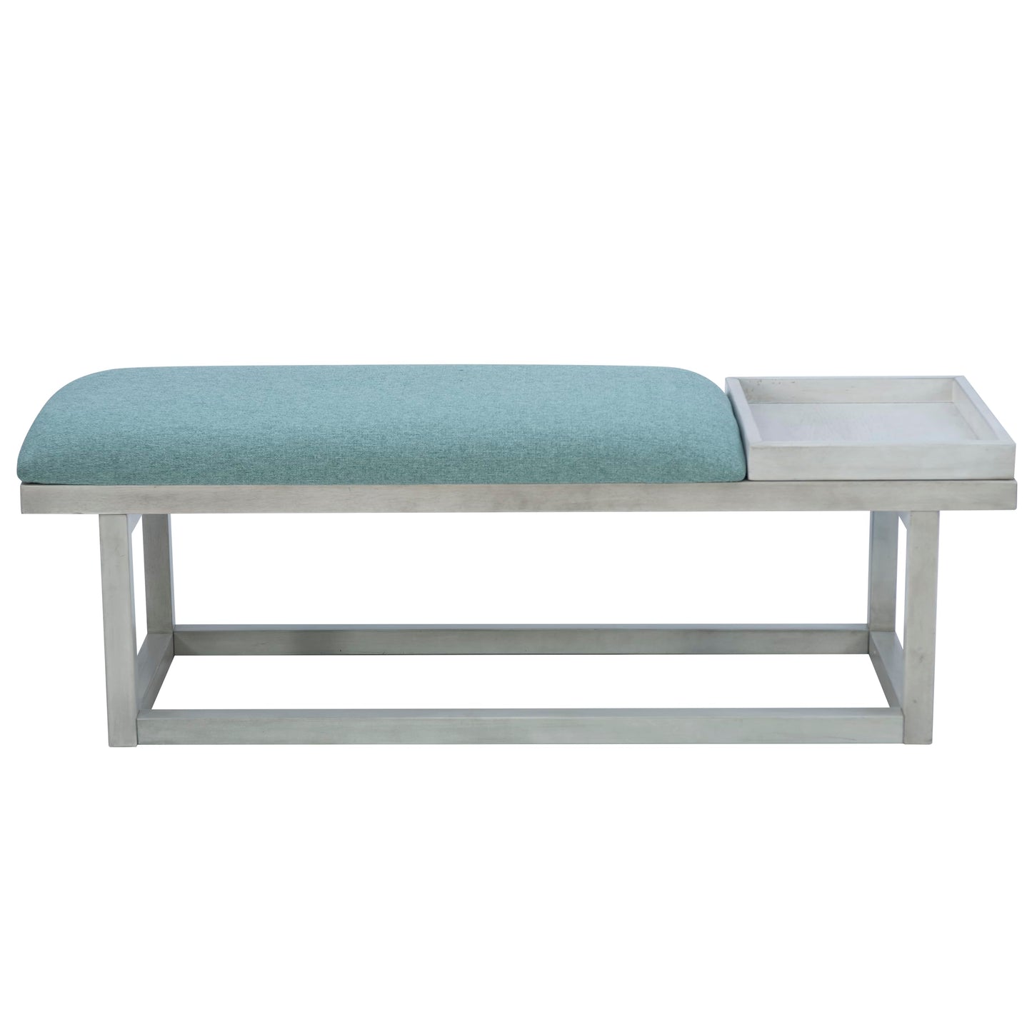 Powell Oakland White Washed Wooden Bench with Aqua Upholstered Seat and Removable Wood Tray