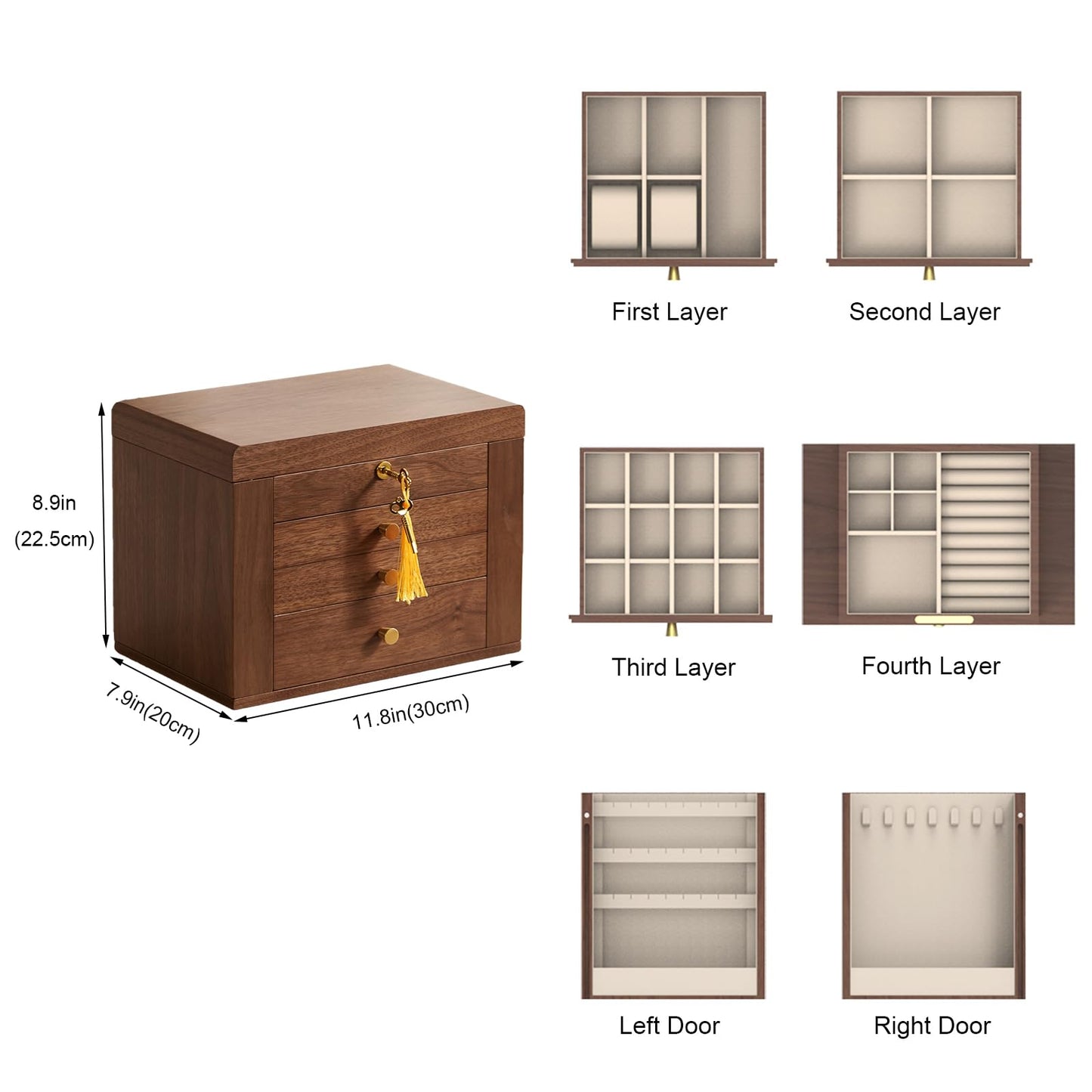 Homruilink Black Walnut Wooden Jewelry Box and High End Glass Jewelry Box Christmas Gifts For Women