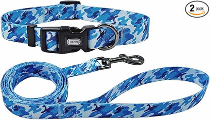 Dog Collar Leash Set, Camouflage Pattern, Polyester Material, Adjustable Collar and 5ft Matching Leash, for Small Dogs.(S, Blue Camo)