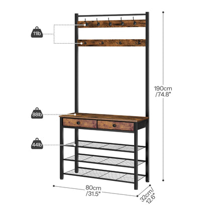 HOOBRO Hall Tree, Entryway Coat and Shoe Rack, 2 Fabric Drawers, Hall Tree with Bench, Shoe and Coat Rack, Coat Rack with Shoe Storage, 4 Tier Shoe Organizer, 9 Hooks, Rustic Brown and Black BF81MT01