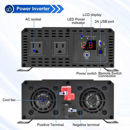 3000 watt Power Inverter Pure sine Wave 3000W 12v to 110v for car Vehicles Truck Camping Solar Panel Power Converter with Clamps and Remote car Power inverters 3000W