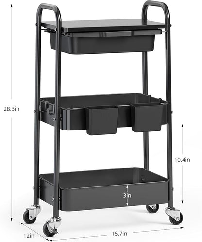 3 Tier Metal Rolling Utility Cart with Drawer & Lockable Wheels - Heavy Duty Multifunctional Storage Organizer with 2 Cups and 4 Hooks for Bathroom, Kitchen, Snack, Craft, Makeup, Baby Essentials
