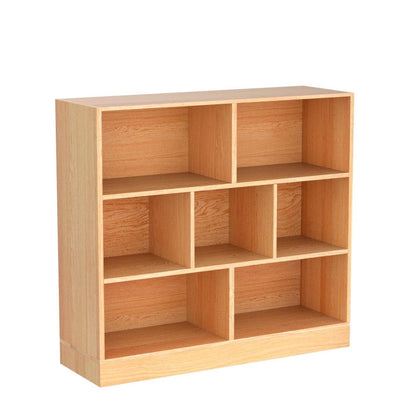 IOTXY Open Shelf Low Bookcase - Wooden 3-Tier Floor Standing Display Cabinet Organizer with Base, 7 Cubes Short Horizontal Bookshelf in Pear Yellow