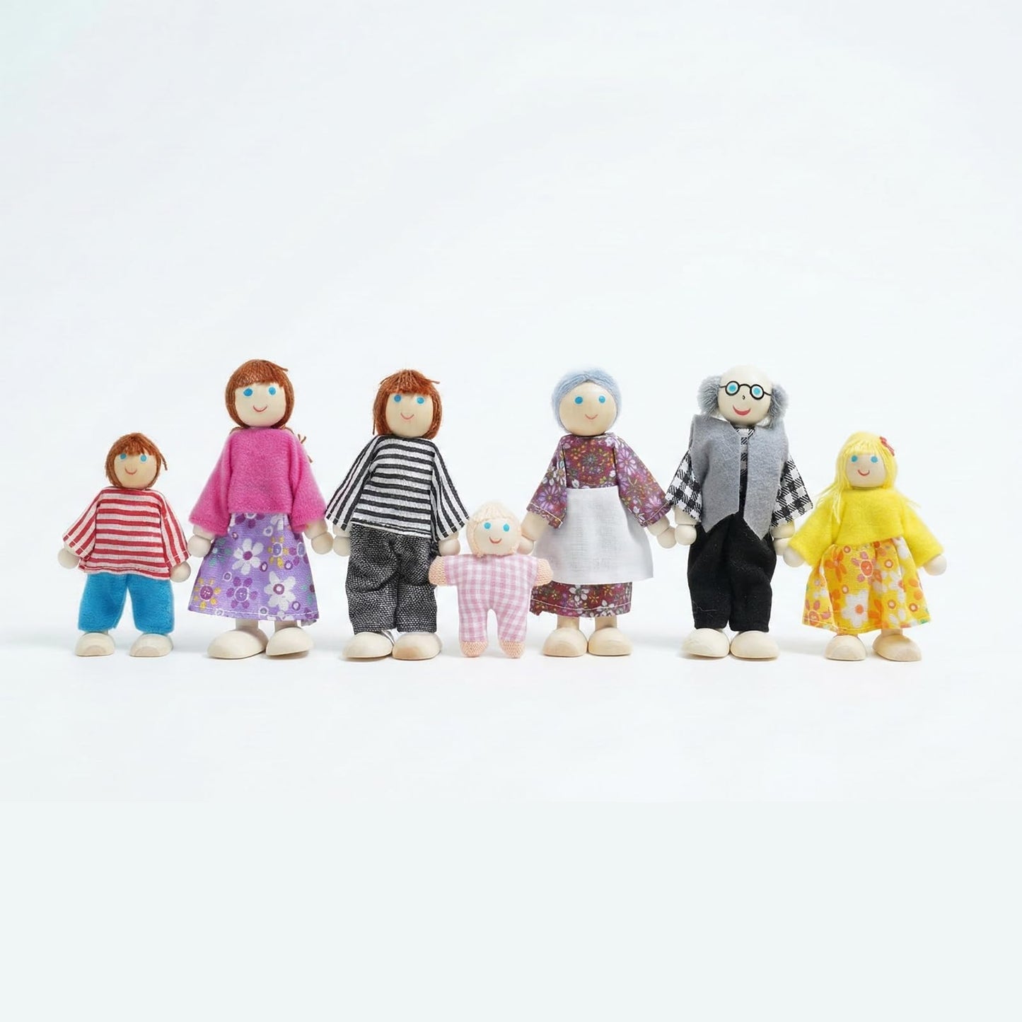 Sing2sky 7PCS Wooden Dollhouse Dolls for Playing House Gifts for Children, Wood, Articulated Pretend Play Figures, Smooth Splinter-Free Wood, Montessori Family Set - 4.5In (Classic)