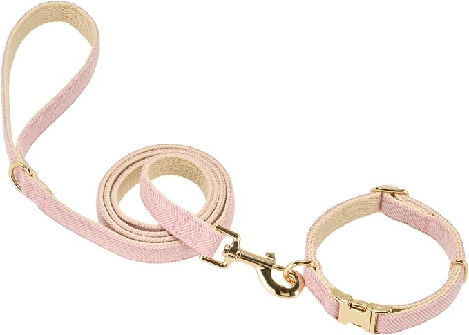 Luxury Soft Cotton Tweed Fabric Dog Collar & Leash Set with Gold Buckle – Durable Fabric, Stylish Design for Everyday Walks(Medium Pink)