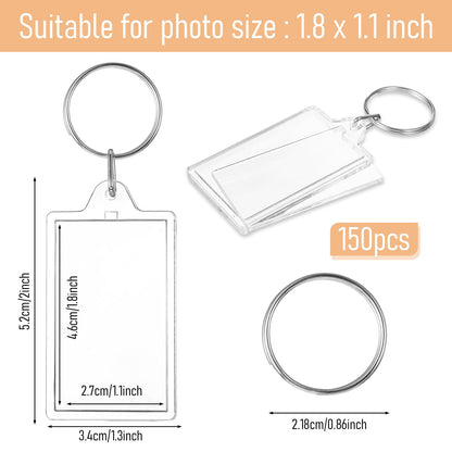 wutfuooo 150 Pack Clear Acrylic Photo Picture Keychain Blank Photo Insert Keyring DIY Personalize Favor