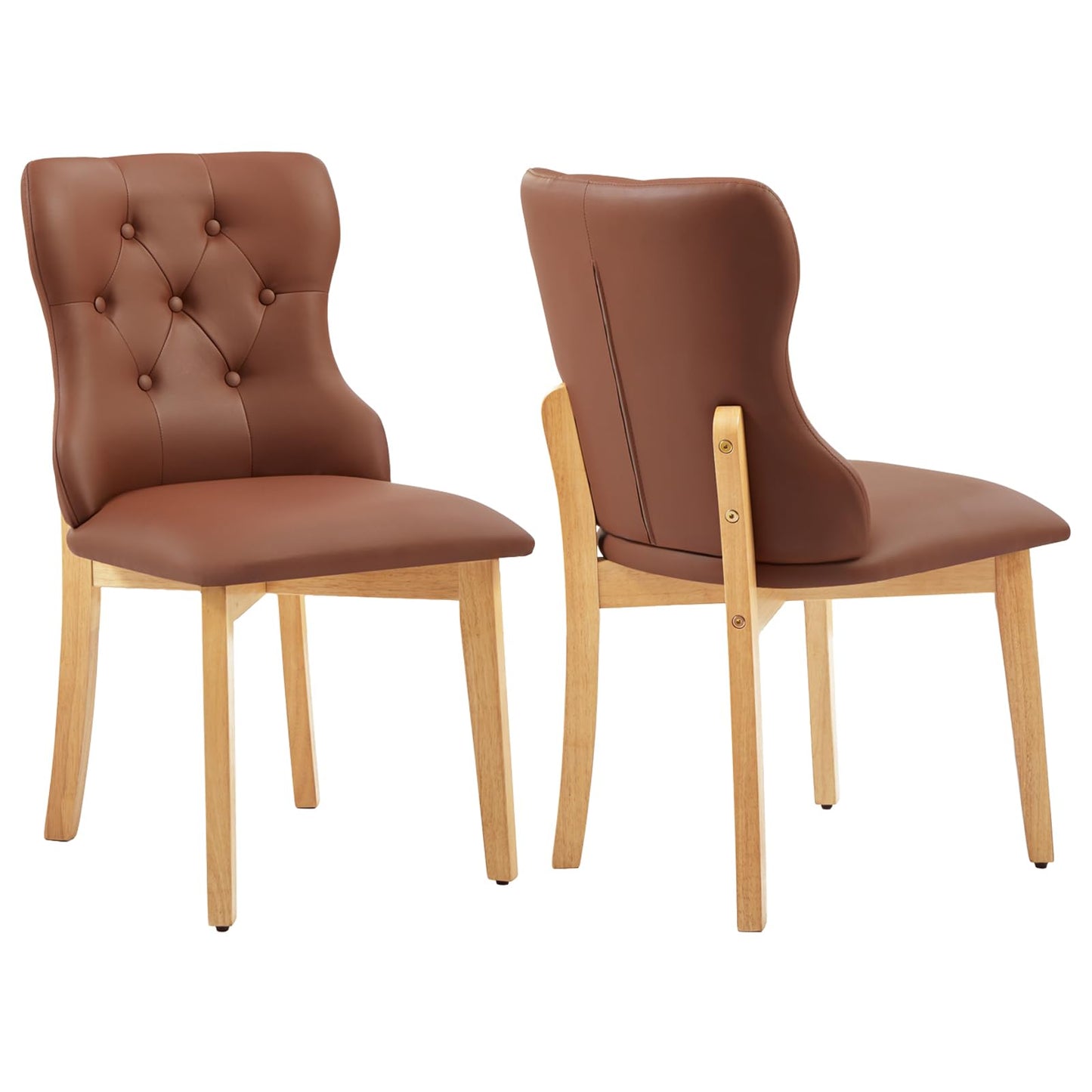 Faux Leather Dining Chairs Set of 2, Upholstered Dining Room Chair with Button Tufted, Solid Wood Legs, Mid Century Modern, Luxury Wingback Side Chair for Living Room, Kitchen, Restaurant, Brown