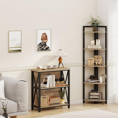 FATORRI Small Bookcase, Wood and Metal Low Short Bookshelf, Industrial Book Case and Rustic Book Shelf for Small Space (Rustic Oak)
