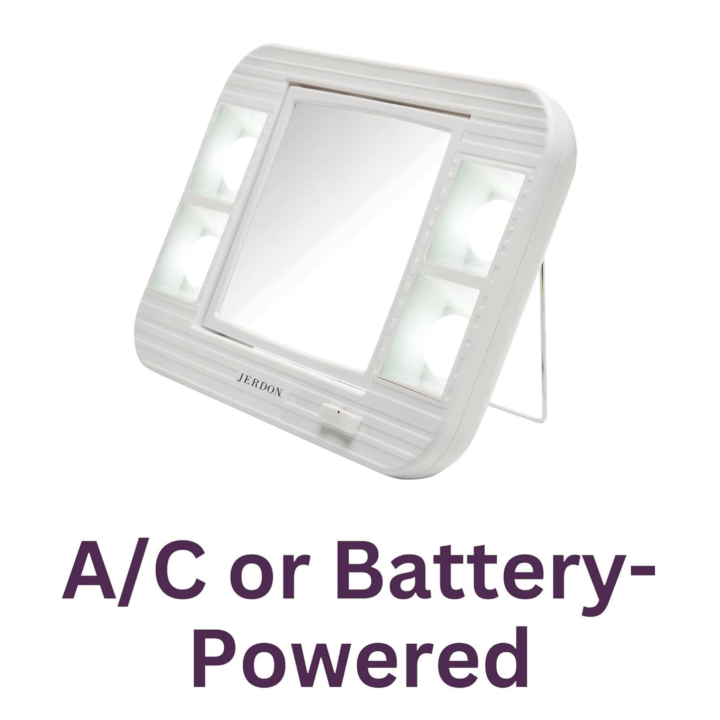 JERDON Two-Sided Makeup Mirror with Lights - Vanity Mirror with 5X Magnification & Two Setting Glare-Free Lighting - White Base - Model J1015