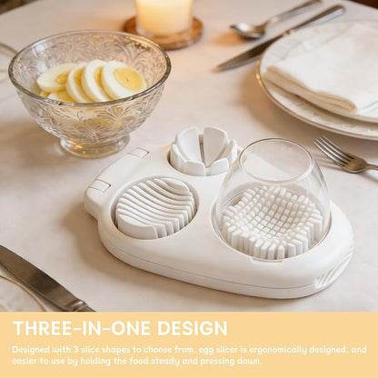 3-in-1 Egg Slicer for Hard Boiled Eggs, Multipurpose 3-Way Cutter with 3 Slice Modes, Heavy Duty Stainless Steel Chopper Tool for Strawberry, Mushroom, Grape, Cherry Tomato(COLOR:White)