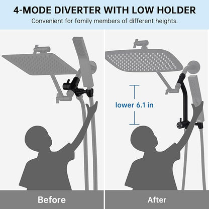 G-Promise All Metal 12 Inch Rain Shower Head with Massage Mode Handheld Spray Combo, 3-Way Diverter with Pause Setting, Full Body Coverage, Modern Bathroom Upgrade (Matte Black)
