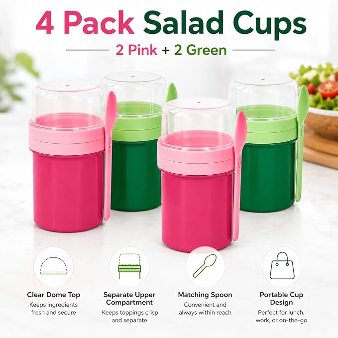 27oz Reusable Yogurt Parfait & Overnight Oats Cups – 100% Leakproof with Lid & Spoon, 4-Pack for Meal Prep, Breakfast & Gym Lunch(Pink,Green