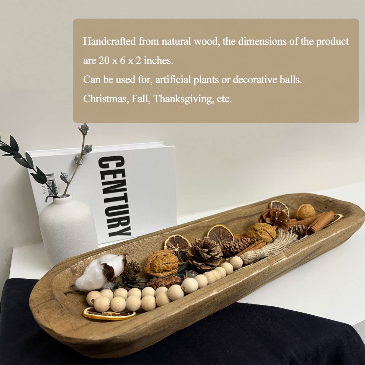 BEDAZE Wooden Dough Bowls Decorative，Rustic Bread Long Bowls Decor Wood Tray, Hand Carved For Table Centerpiece Decor, Home Decor (20 * 6 * 2 inch Brown)