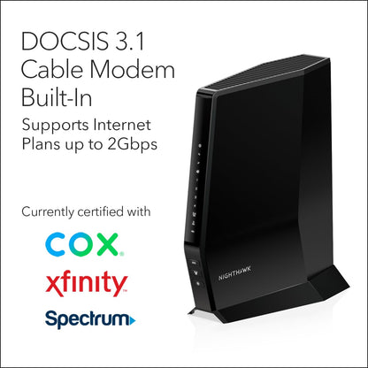 NETGEAR Nighthawk Modem Router Combo (CAX30) DOCSIS 3.1 Cable Modem and WiFi 6 Router - AX2700 2.7 Gbps - Compatible with Xfinity, Spectrum, Cox, and More - Gigabit Wireless Internet
