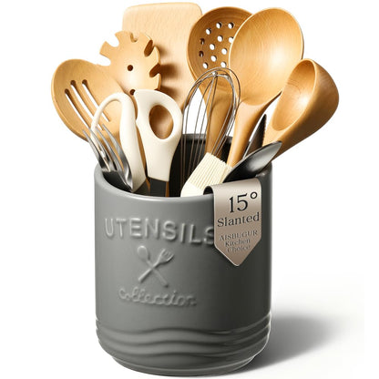 AISBUGUR Large Ceramic Utensil Holder 7.5" H×6.3" W with Slanted Mouth - Utensil Crock with Non-Slip Cork Base for Kitchen Counter, Ideal for Decor & Gift,Grey