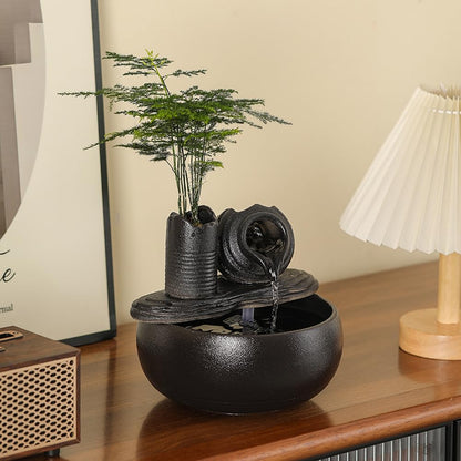 Ceramic Tabletop Fountain Water Feature Fall Indoor and Outdoor Decoration (Black Pot A150)