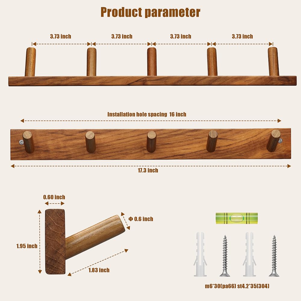chiumay Natural Teak Wood Wall Hooks(Set of 2) – Rustic Wooden Coat Hooks for Bathroom, Entryway & Bedroom – Durable Wall Pegs for Hanging Coats, Hats & Towels.17.3" L x 1.95" W x 0.6" H