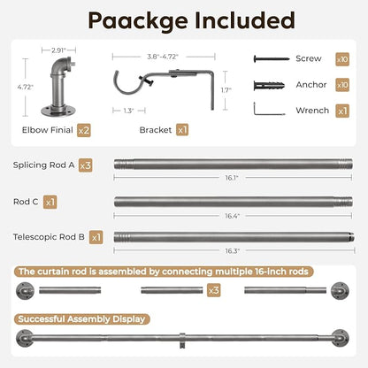 Zeerobee Curtain Rods for Windows 48 to 84, 1 Inch Industrial Wrap Around Grey Curtain Rod, Indoor/Outdoor Room Divider Adjustable Drapery Pole, 48"-86"