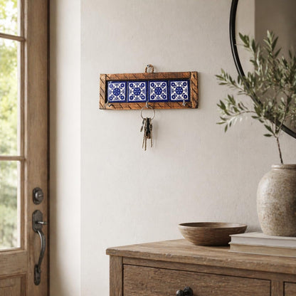Casa Fiesta Designs Mexican Talavera Key Holder – Handcrafted Wooden & Ceramic Wall Organizer with 3 Metal Hooks – Blue & White Tile Design – Rustic Home Décor - Portallaves 4 Azulejos Azules