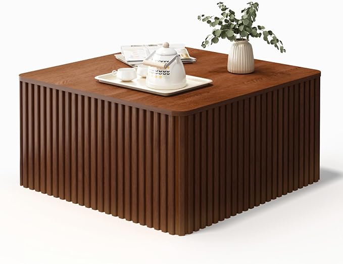 Fluted Square Coffee Table with Storage Large Wood Center Table with Solid Wood Veneer Top Mid Century Modern Low Coffee Table for Living Room, Rustic Brown