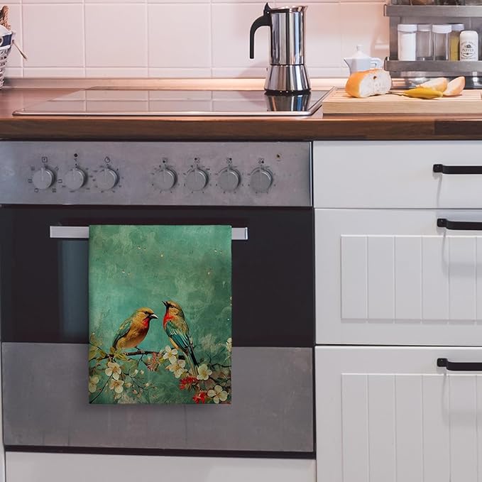 Cute Birds Kitchen Towels Decorative Set of 2, Absorbent Dish Towels Green Tea